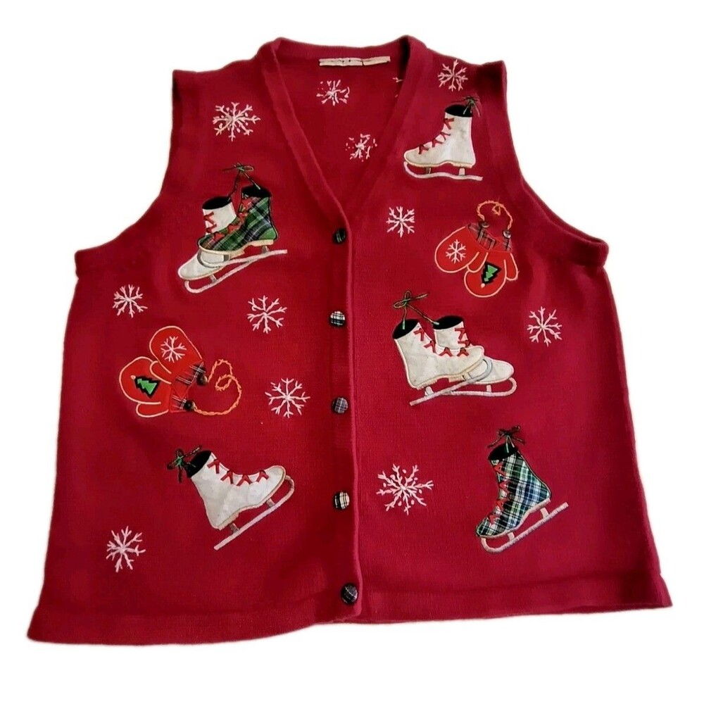 Vintage Básic Editions Red Holiday Cardigan Vest XL with Snowflakes & Ice Skates